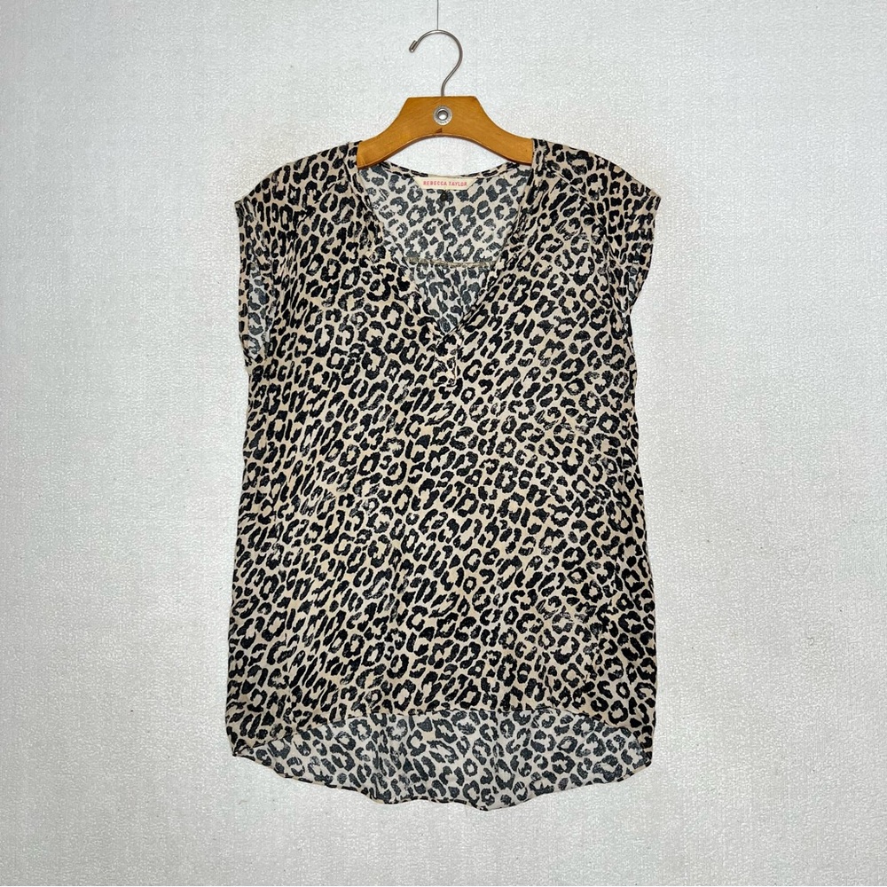 Rebecca Taylor Womens Animal Print Hi Low Vneck Cheetah Blouse Size 0